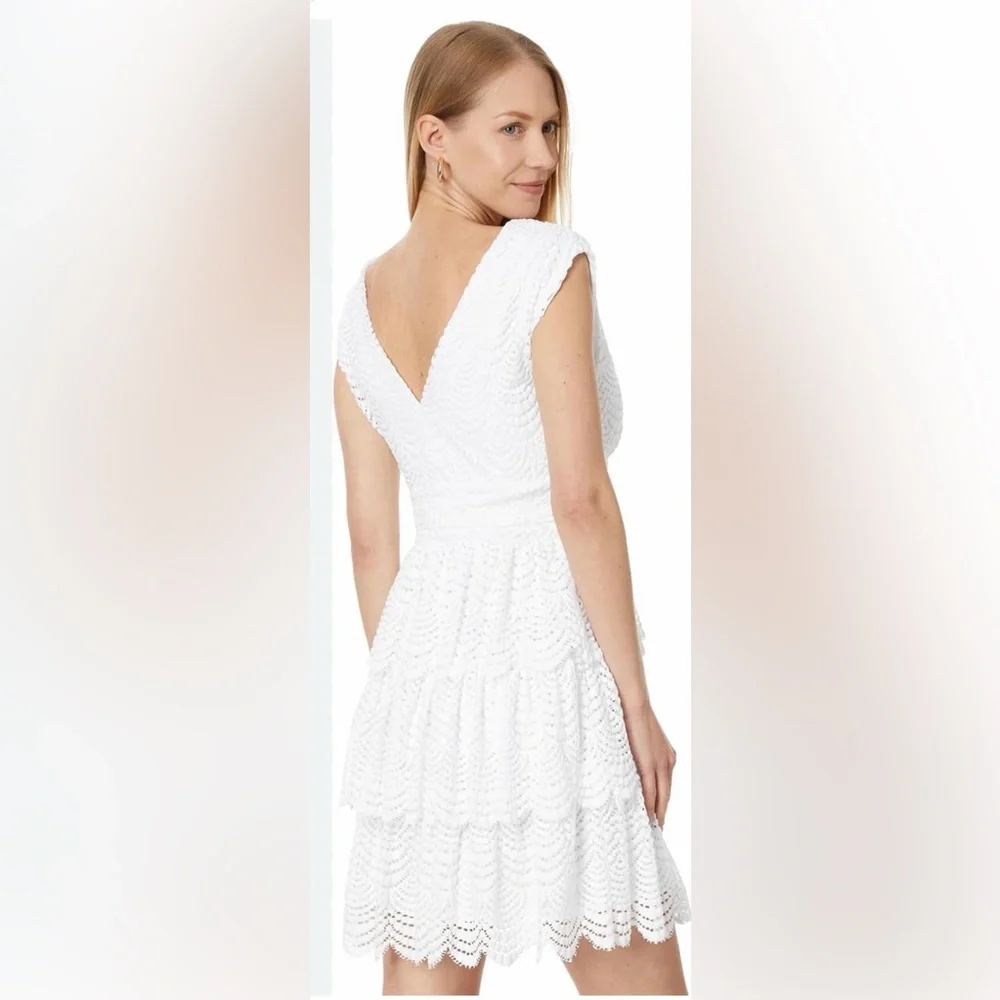 LILLY PULITZER FAYE V-NECK LACE RUFFLE DRESS RESORT WHITE SCALLOPED SHELL LACE L - Picture 4 of 15